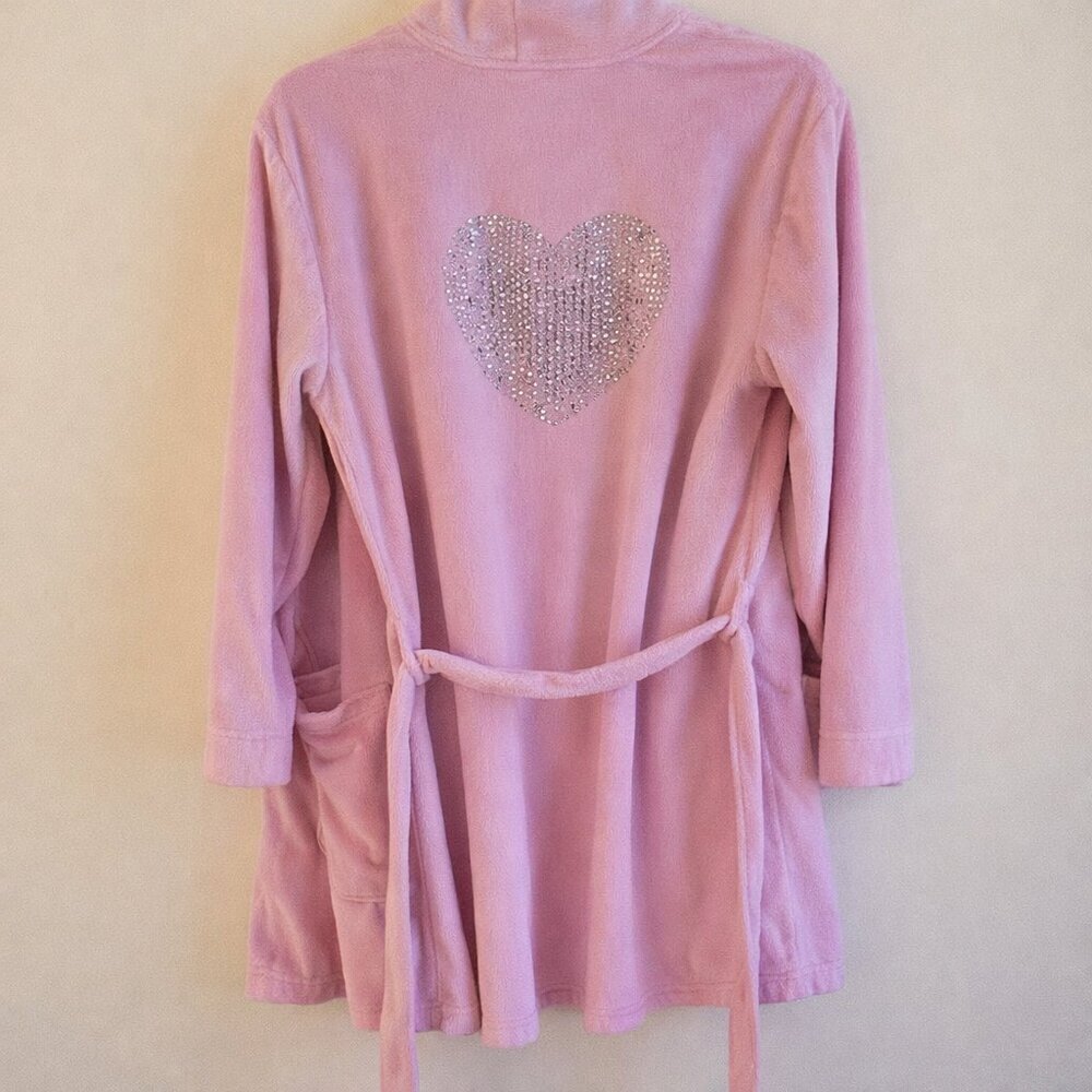 Y2K Plush Pink Robe Rhinestone Heart Back Size Small EUC - Picture 2 of 4